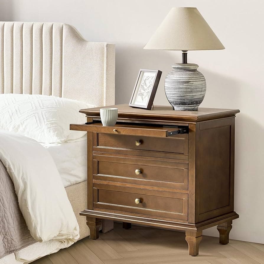 Wooden nightstand beside a bed