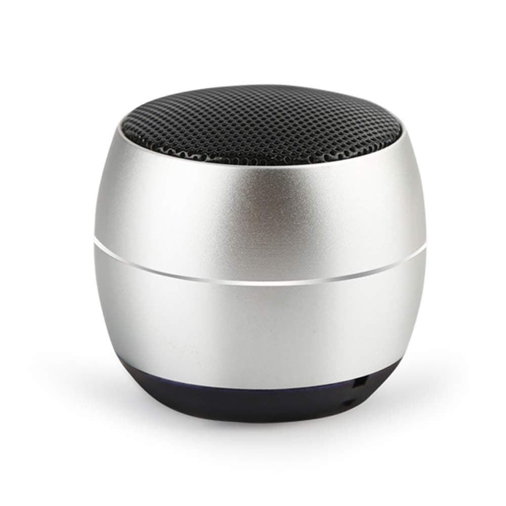 Small round silver portable Bluetooth speaker